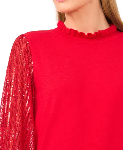 Cece Sequin Sleeve Mock Neck Sweater In Red