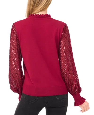 Cece Sequin Sleeve Mock Neck Sweater In Red