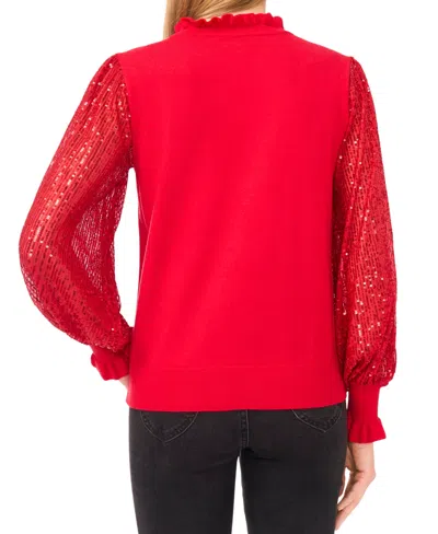 Cece Sequin Sleeve Mock Neck Sweater In Red