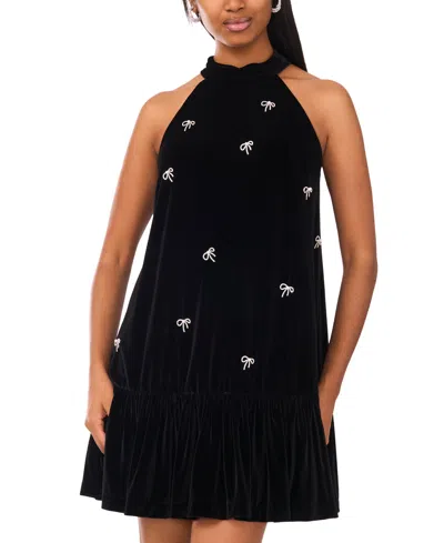 Cece Rhinestone Bow Sleeveless Velvet Dress In Animal Print