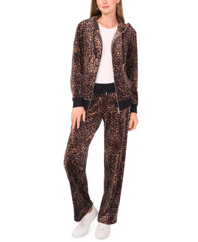Vince Camuto Womens Velour Animal Print Zip Front Hoodie Jacket Xs 3x In Brown