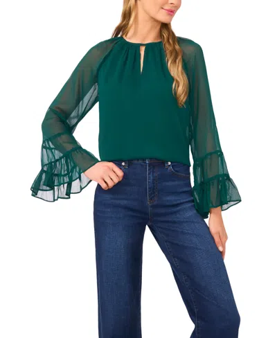 Cece Tiered Flowy Keyhole Blouse In Green