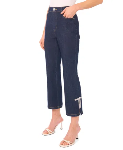 Cece Rhinestone Bow Detail High Waist Crop Flare Jeans In Blue