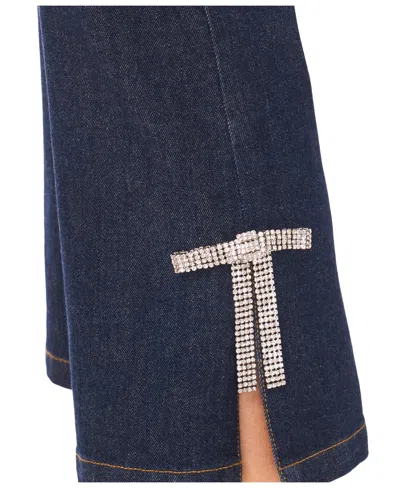 Cece Rhinestone Bow Detail High Waist Crop Flare Jeans In Blue