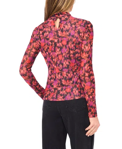 Cece Blurred Floral Mock Neck Mesh Top In Multi