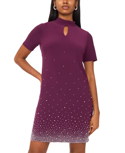 Msk Petite Short Sleeve Keyhole Beaded Dress In Purple