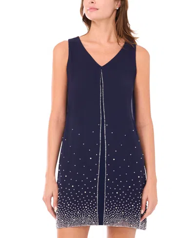 Msk Petite V-neck Sleeveless Beaded Dress In Blue