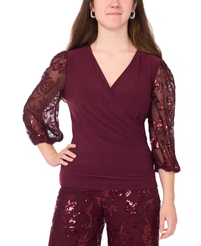 Msk Petite Mixed Media Surplice Neck Sequin Top In Burgundy