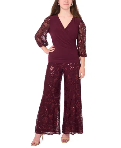Msk Petite Mixed Media Surplice Neck Sequin Top In Burgundy