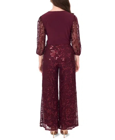 Msk Petite Mixed Media Surplice Neck Sequin Top In Burgundy