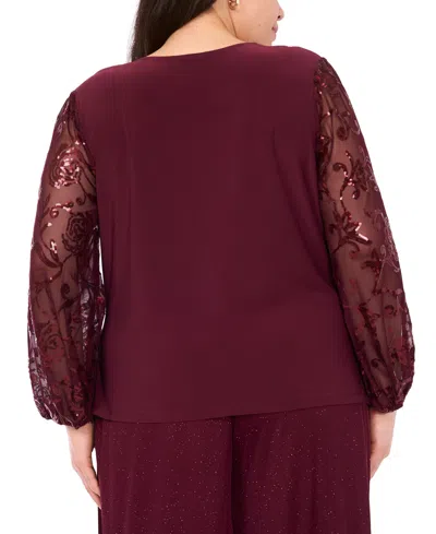 Msk Plus Size Mixed Media Surplice Sequin Top In Brown