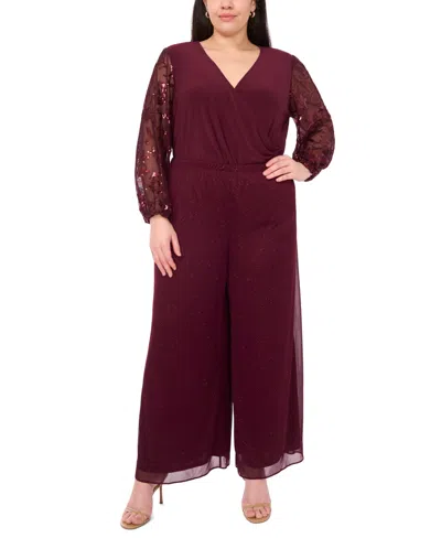 Msk Plus Size Mixed Media Surplice Sequin Top In Brown