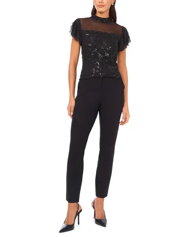 Vince Camuto Floral Sequin Flutter Sleeve Top In Animal Print