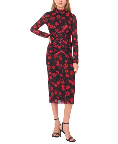 1.state Long Sleeve High Neck Mesh Midi Dress In Black