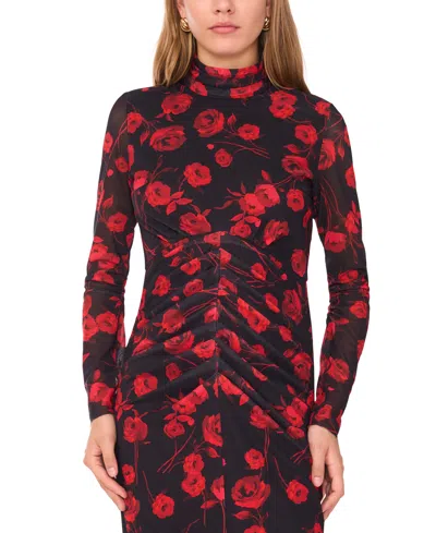 1.state Long Sleeve High Neck Mesh Midi Dress In Black