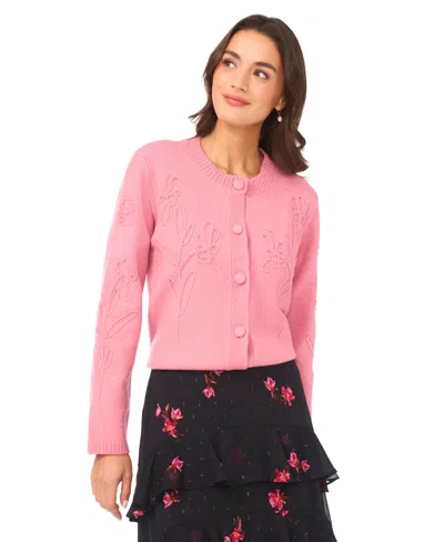 Cece Women's Flower Embroidery Long Sleeves Cardigan Sweater In Pink