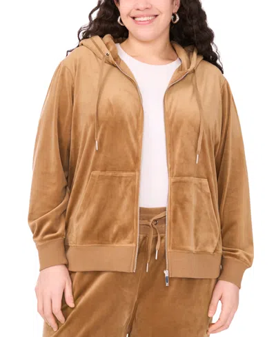 Vince Camuto Plus Size Velour Zip-front Hoodie Jacket In Brown