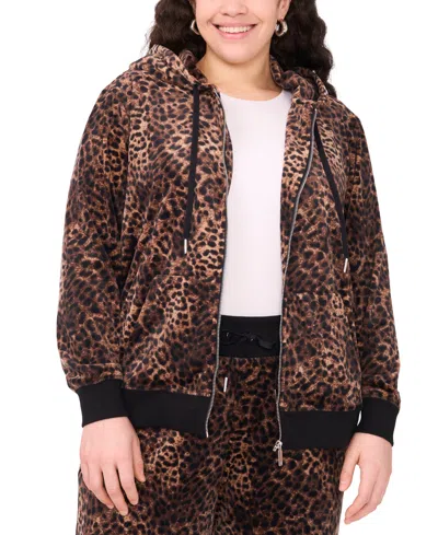 Vince Camuto Plus Size Velour Animal-print Zip-front Hoodie Jacket In Animal Print