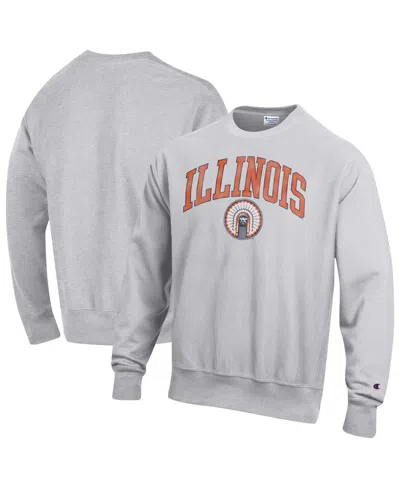 Champion Men's Heather Gray Illinois Fighting Illini Distressed Arch Over Logo Reverse Weave Crew Neck Sweats In Gray