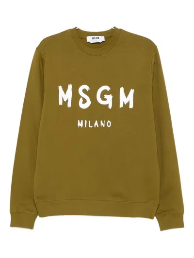 Msgm Crew Neck Ribbed Cuff Knit Sweatshirt In Green