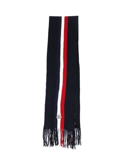 Moncler Logo Patch Stripe Virgin Wool Fringe Scarf In Blue