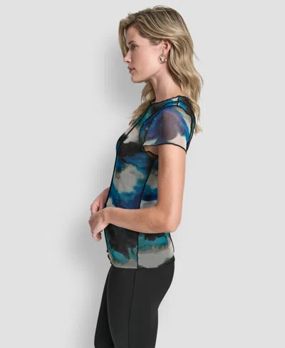 Dkny Women's Printed Mesh Xposd Seam Short Sleeve Top In Multi