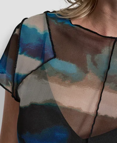 Dkny Women's Printed Mesh Xposd Seam Short Sleeve Top In Multi