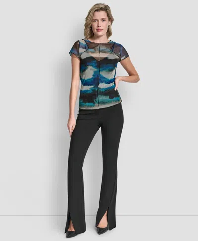 Dkny Women's Printed Mesh Xposd Seam Short Sleeve Top In Multi
