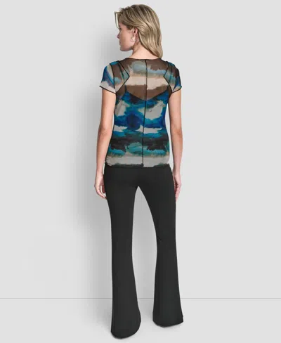 Dkny Women's Printed Mesh Xposd Seam Short Sleeve Top In Multi