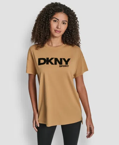 Dkny Women's Flocked Logo Drop Shoulder T-shirt In Gold