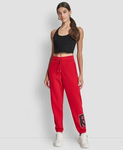 Dkny Women's Mixed Metal Stacked Glitter Logo Jogger In Red