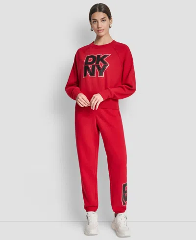Dkny Women's Mixed Metal Stacked Glitter Logo Jogger In Red