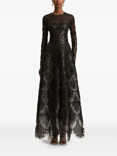 Oscar De La Renta Fern Sequin Embroidered Gown In Black