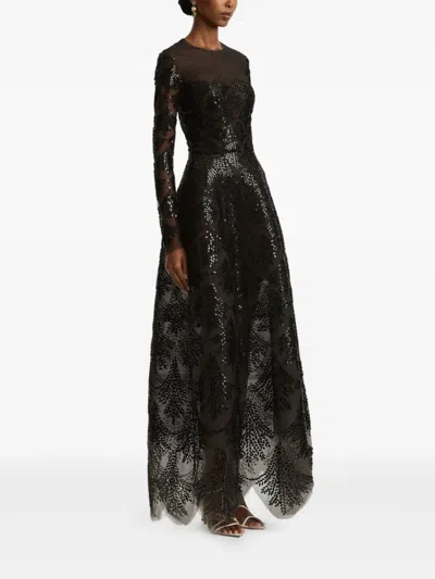 Oscar De La Renta Fern Sequin Embroidered Gown In Black