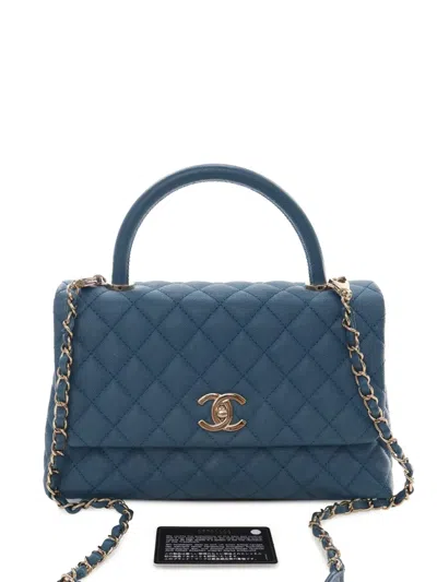Pre-owned Chanel 2019 Small Quilted Caviar Coco Top Handle Bag Satchel In Blue