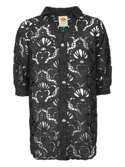 Farm Rio Openwork-design Button-up Top In Black