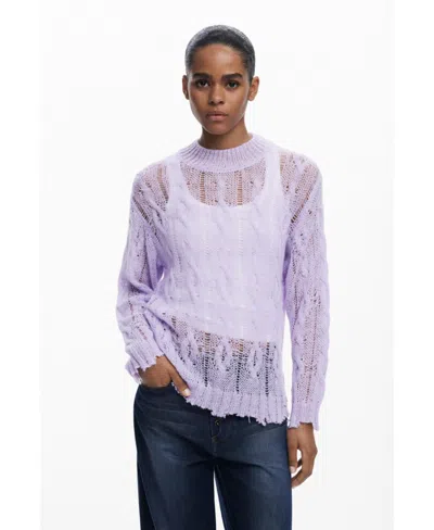 Desigual Women's Cable-knit Sweater With Distressed Details In Blue