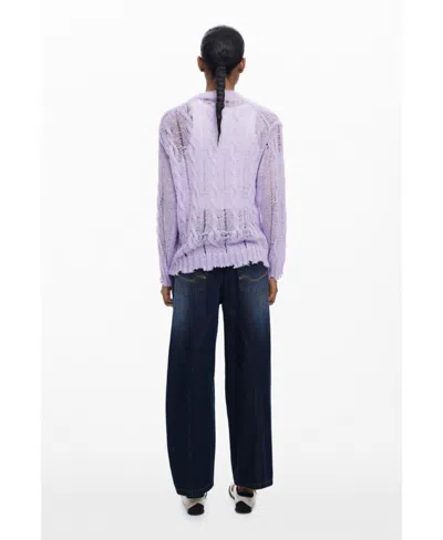 Desigual Women's Cable-knit Sweater With Distressed Details In Blue