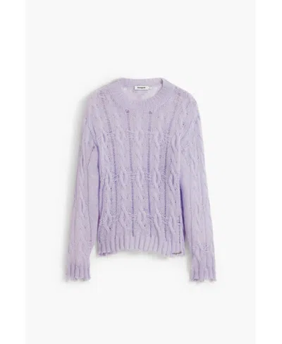 Desigual Women's Cable-knit Sweater With Distressed Details In Blue