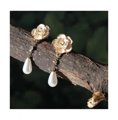 Sohi Women's Gold Embellished Rose Drop Earrings In Gold