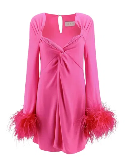 Nervi Dress With Natural Feathers With Knot On The Front In Pink