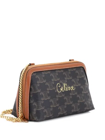 Pre-owned Celine Zip Around Chain Clutch Embroidered Triomphe Coated Canvas Shoulder Bag In Brown