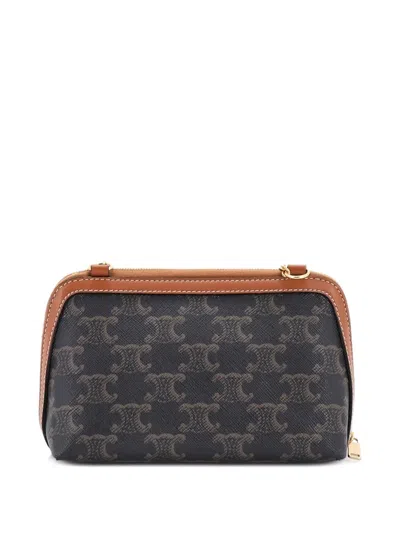 Pre-owned Celine Zip Around Chain Clutch Embroidered Triomphe Coated Canvas Shoulder Bag In Brown