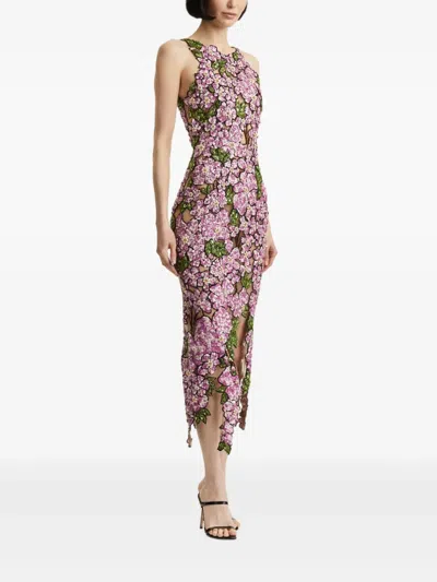 Oscar De La Renta Mosaic Sequin-floral Embroidered Midi Dress In Multi