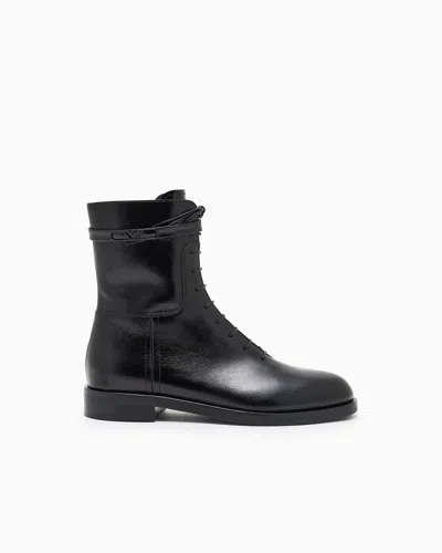 Emporio Armani Leather Lace-up Ankle Boots With Logo Strap In Black