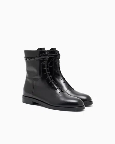 Emporio Armani Leather Lace-up Ankle Boots With Logo Strap In Black