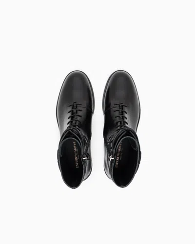 Emporio Armani Leather Lace-up Ankle Boots With Logo Strap In Black