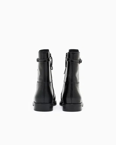 Emporio Armani Leather Lace-up Ankle Boots With Logo Strap In Black