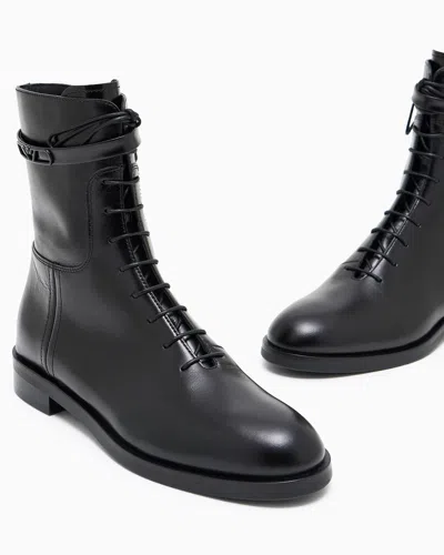 Emporio Armani Leather Lace-up Ankle Boots With Logo Strap In Black