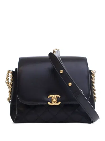 Pre-owned Chanel 2019 Quilted Goatskin Side Chain Compartment Flap Crossbody Bag In Black